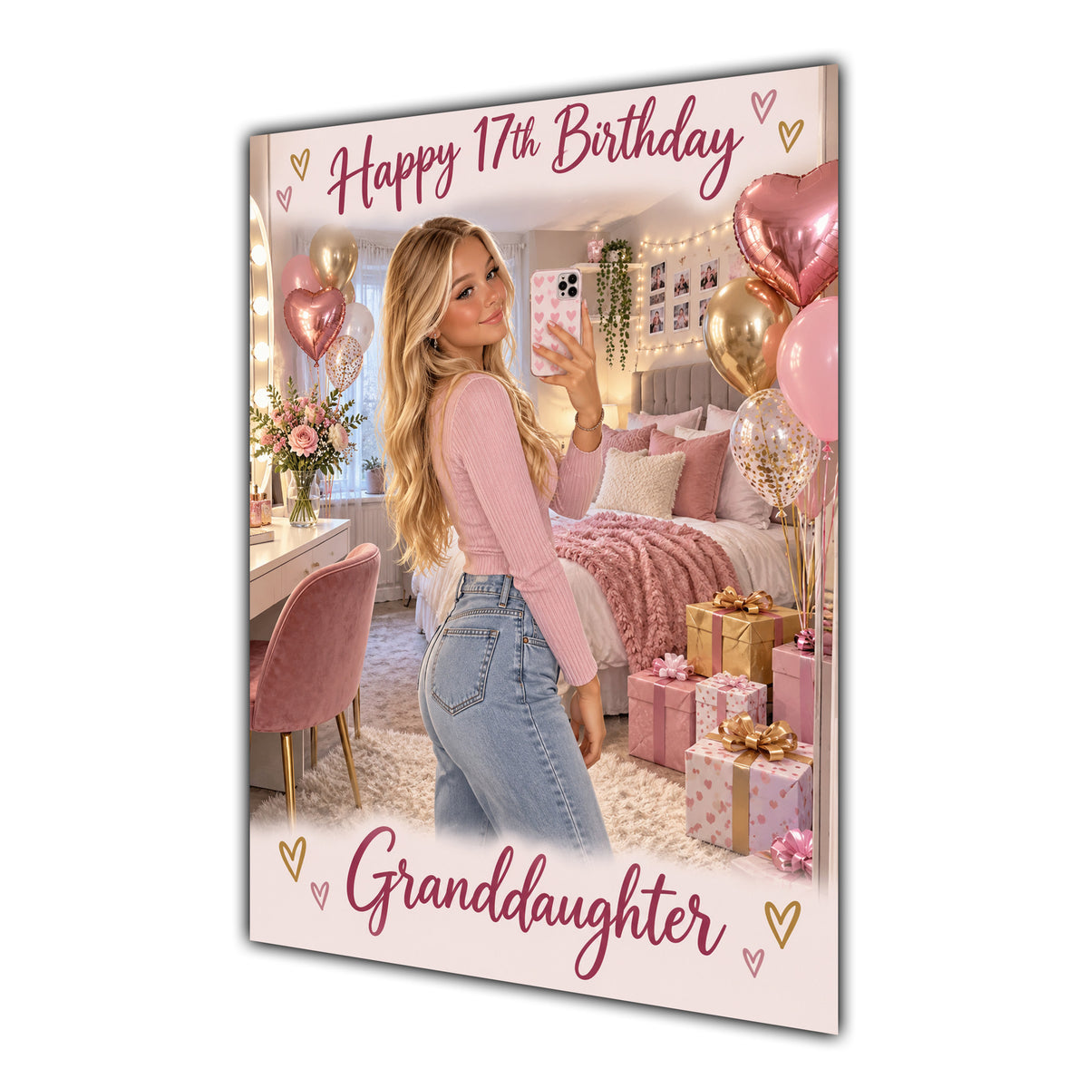 Happy 17th Birthday Granddaughter Pink Bedroom Selfie Greeting Card A5