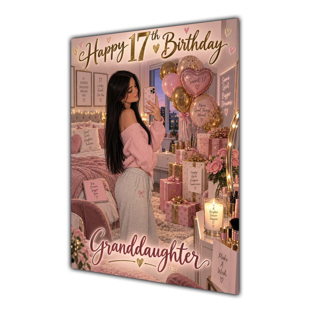 Happy 17th Birthday Granddaughter Pink Bedroom Selfie Greeting Card A5