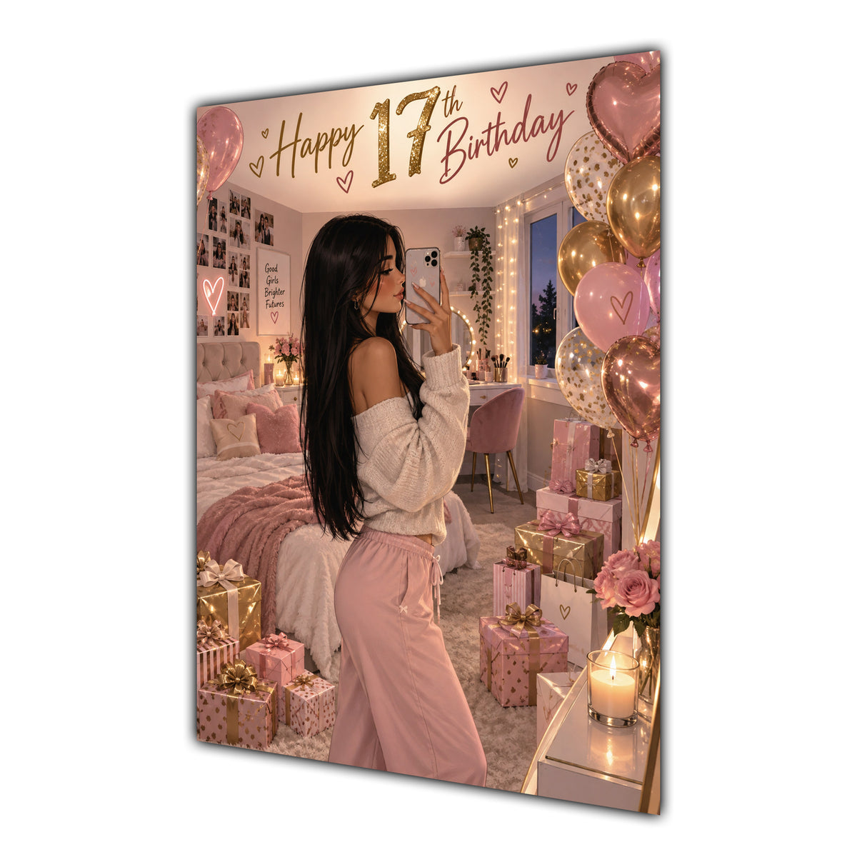 Happy 17th Birthday Girl Pink Bedroom Selfie Greeting Card A5