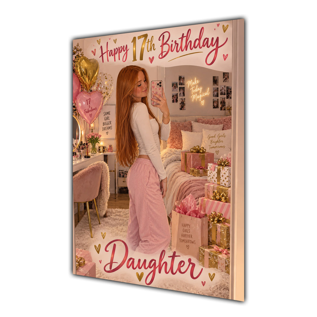 Happy 17th Birthday Daughter Pink Bedroom Selfie Greeting Card A5