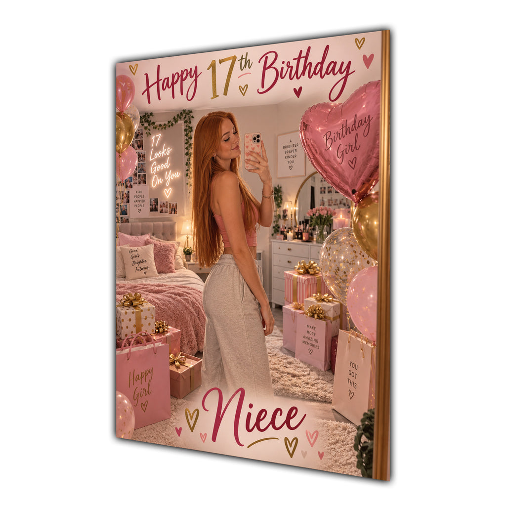 Happy 17th Birthday Niece Pink Bedroom Selfie Greeting Card A5
