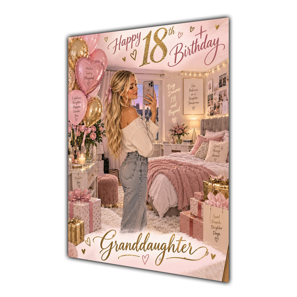 Happy 18th Birthday Granddaughter Pink Bedroom Selfie Greeting Card A5