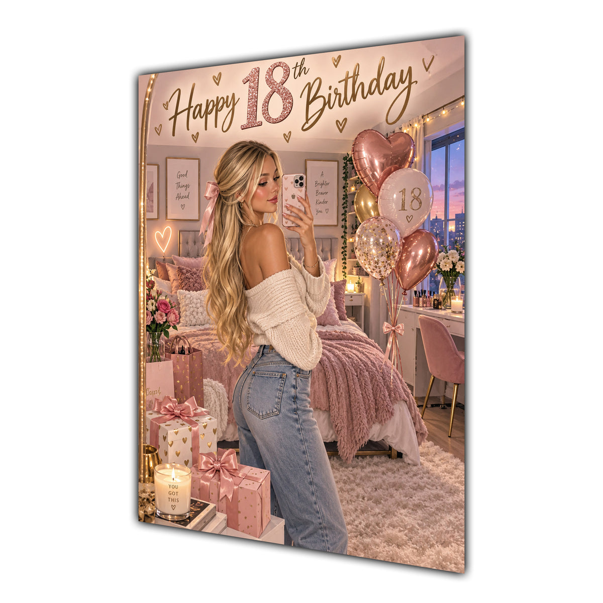 Happy 18th Birthday Girl Pink Bedroom Selfie Greeting Card A5