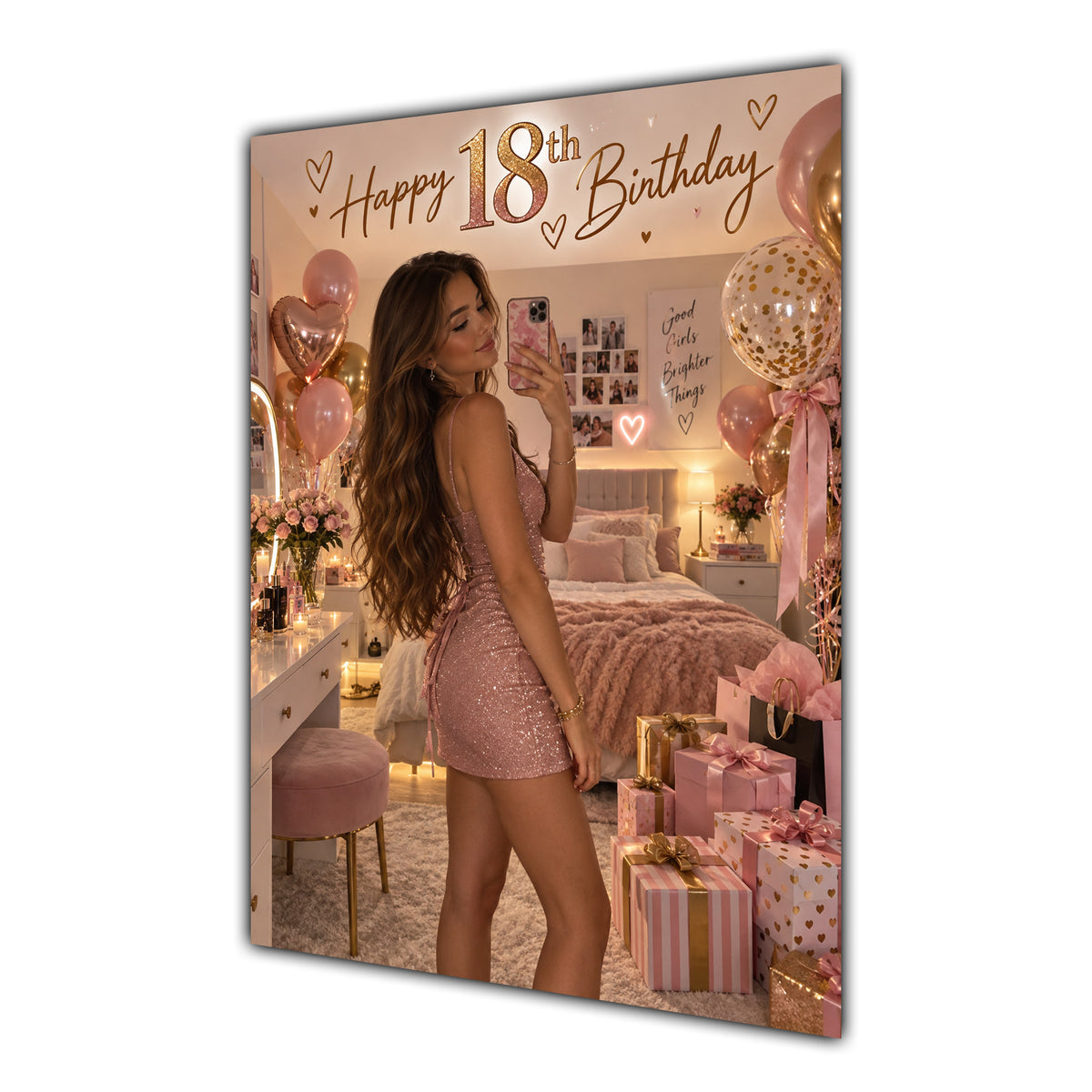 Happy 18th Birthday Girl Pink Bedroom Selfie Greeting Card A5