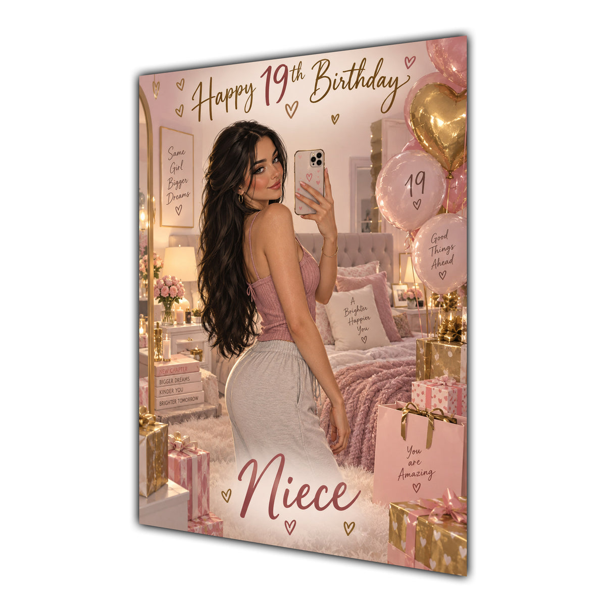 Happy 19th Birthday Niece Pink Bedroom Selfie Greeting Card A5