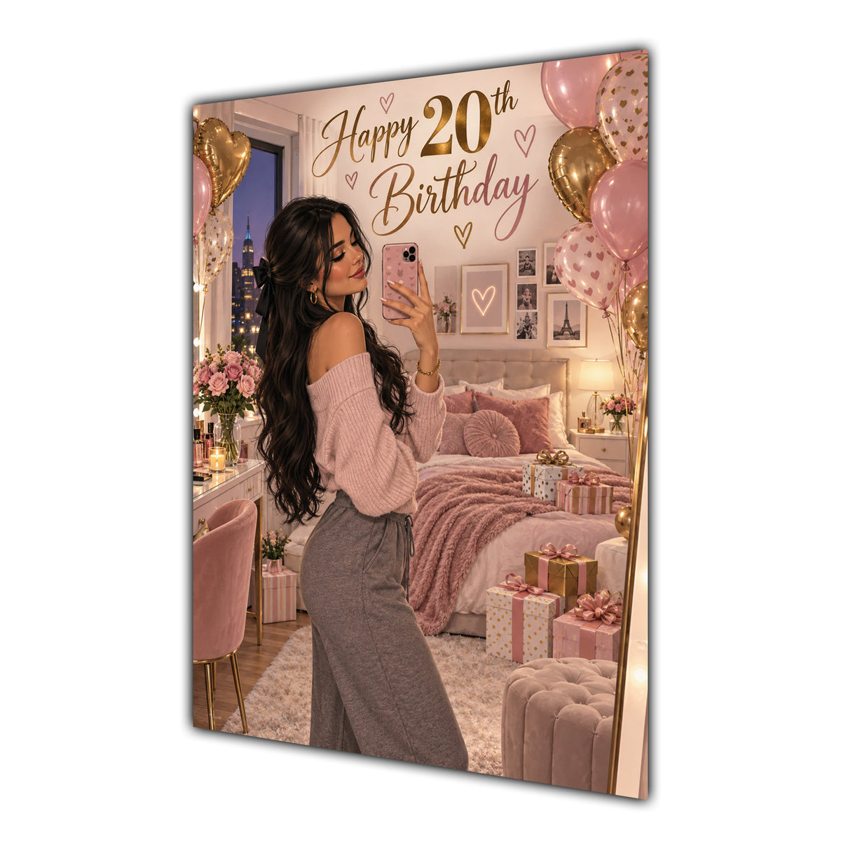 Happy 20th Birthday Girl Pink Bedroom Selfie Greeting Card A5
