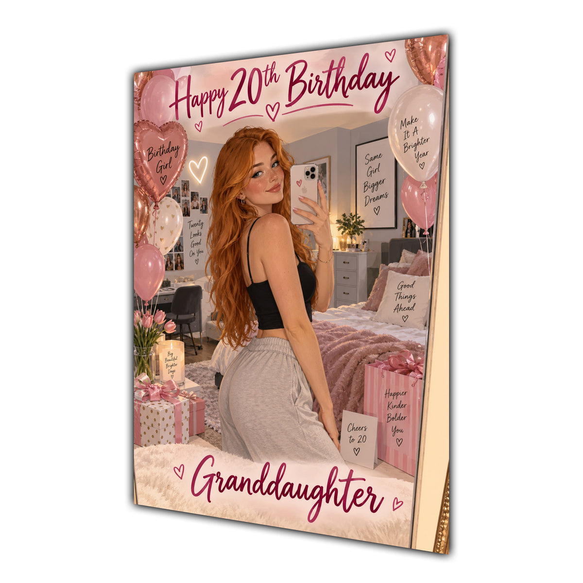 Happy 20th Birthday Granddaughter Pink Bedroom Selfie Greeting Card A5