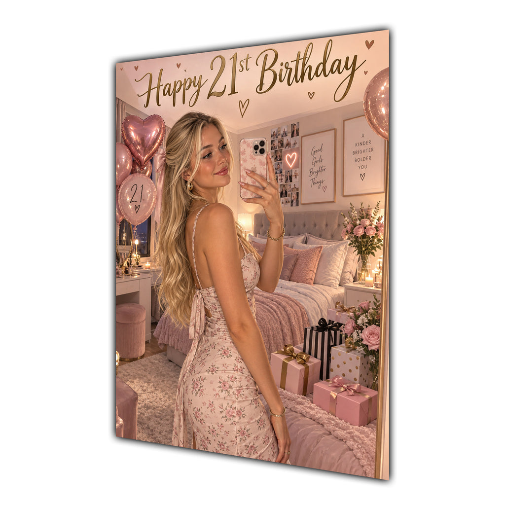 Happy 21st Birthday Girl Pink Bedroom Selfie Greeting Card A5