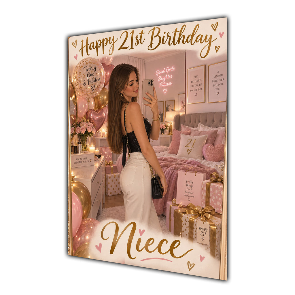Happy 21st Birthday Niece Pink Bedroom Selfie Greeting Card A5