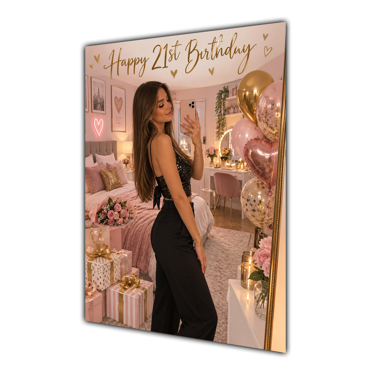Happy 21st Birthday Girl Pink Bedroom Selfie Greeting Card A5