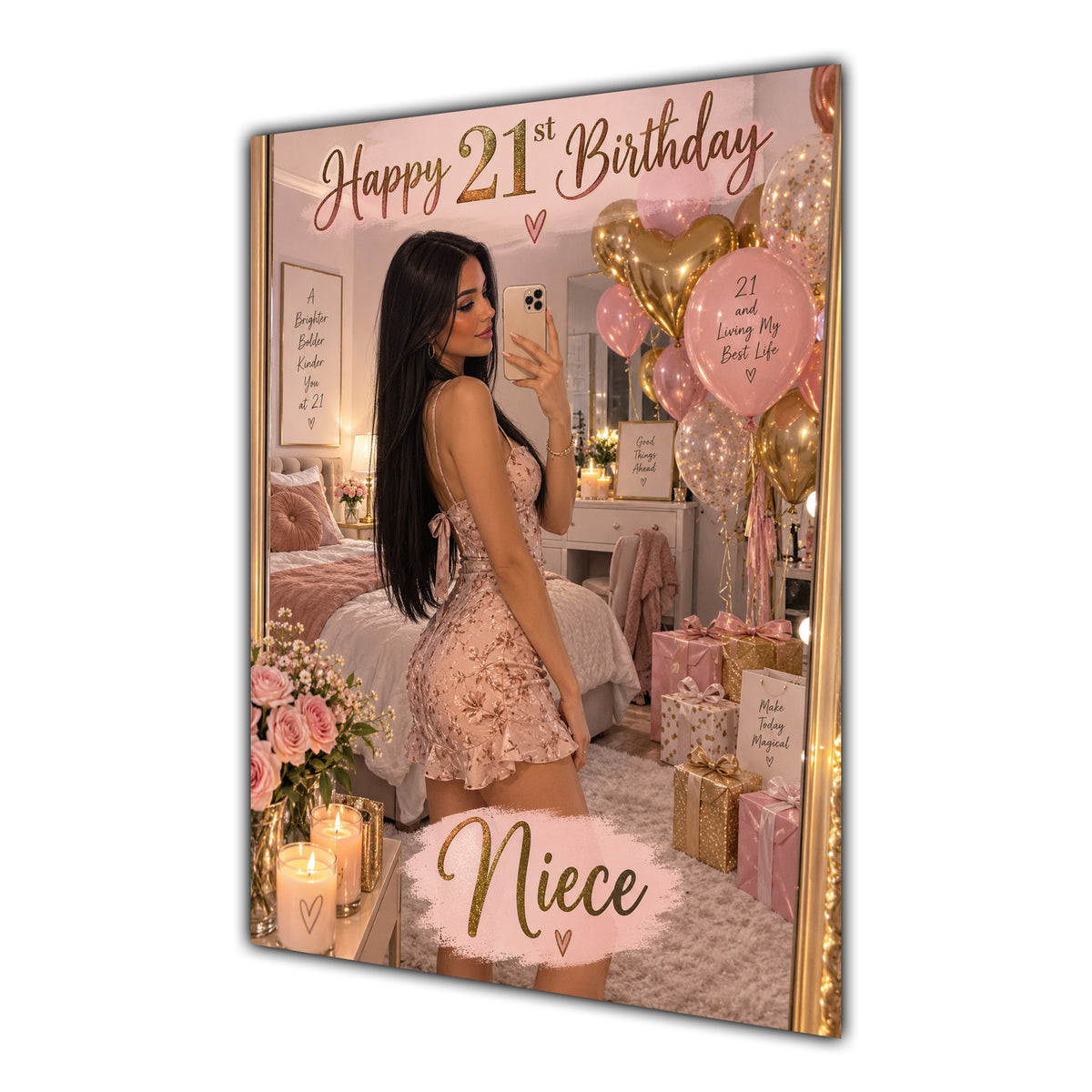 Happy 21st Birthday Niece Pink Bedroom Selfie Greeting Card A5