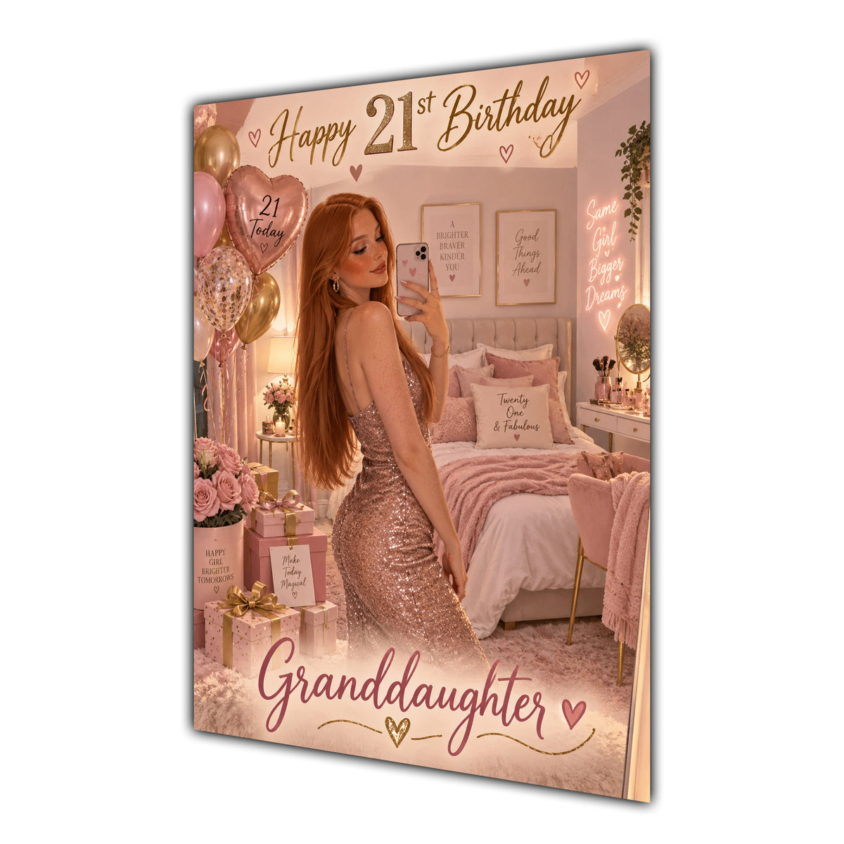 Happy 21st Birthday Granddaughter Pink Bedroom Selfie Greeting Card A5