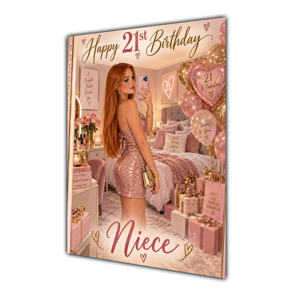 Happy 21st Birthday Niece Pink Bedroom Selfie Greeting Card A5