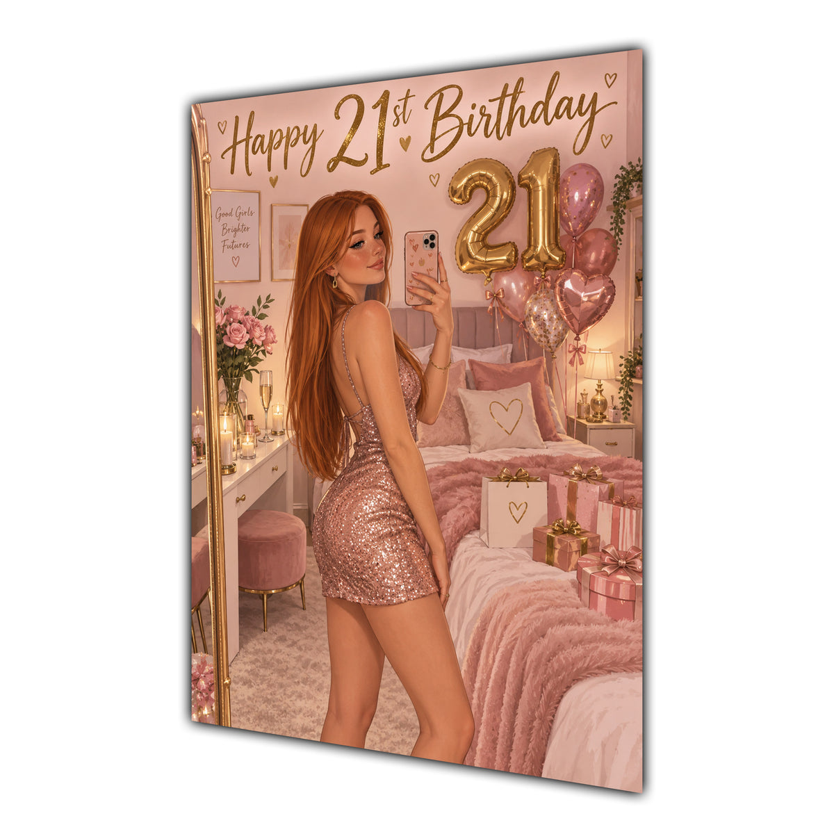 21st Birthday Card - Woman Taking a Selfie with Rose Gold Balloons