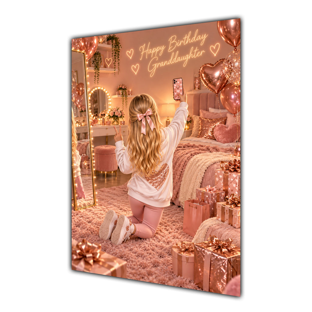 Happy Birthday Granddaughter Blonde Hair Rose Gold Selfie Card A5