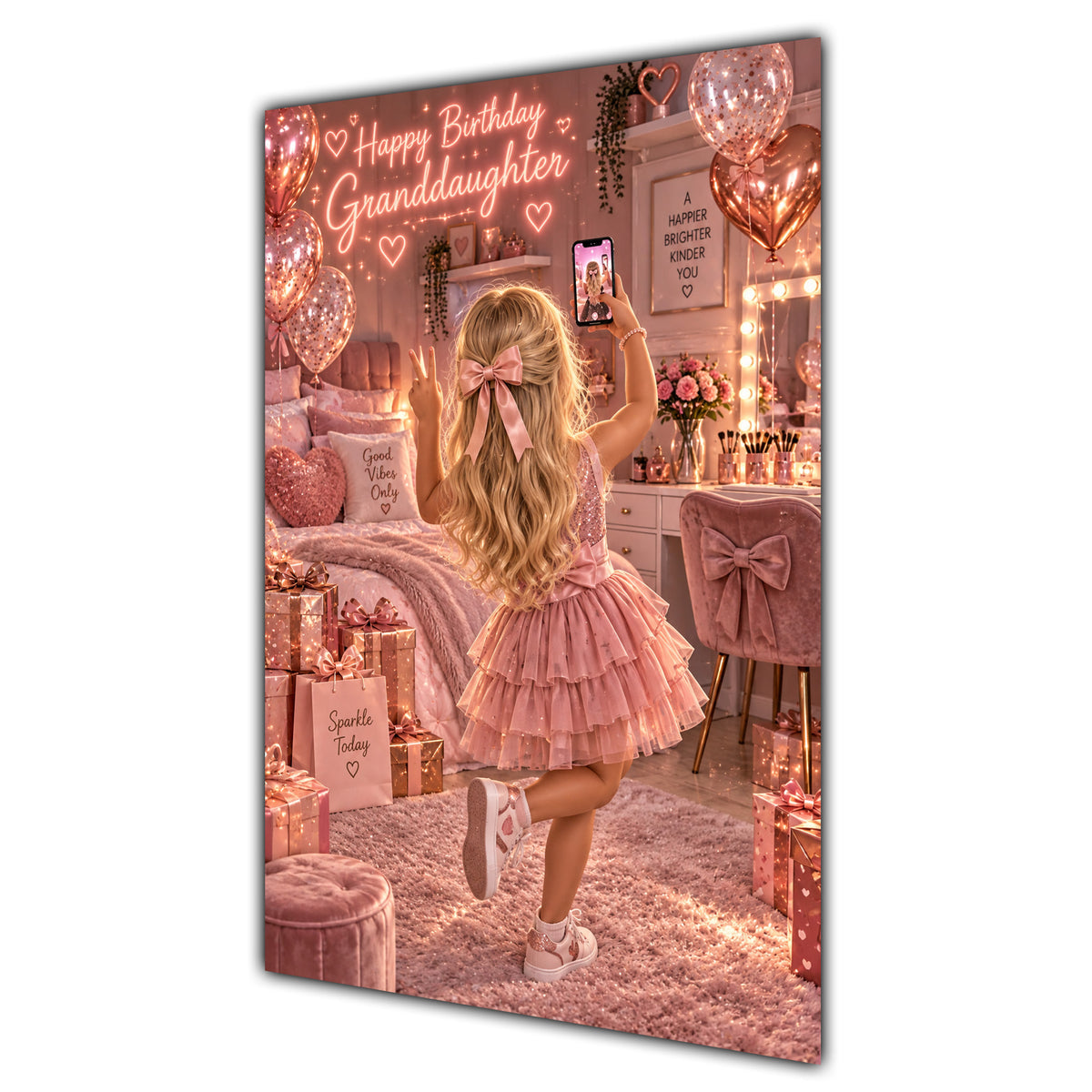 Happy Birthday Granddaughter Blonde Hair Rose Gold Selfie Card A5
