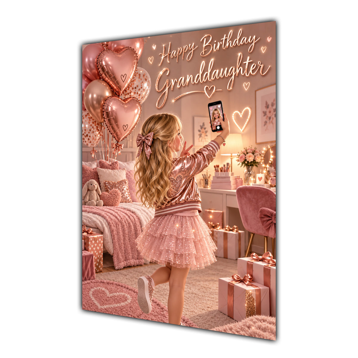 Happy Birthday Granddaughter Blonde Hair Rose Gold Selfie Card A5