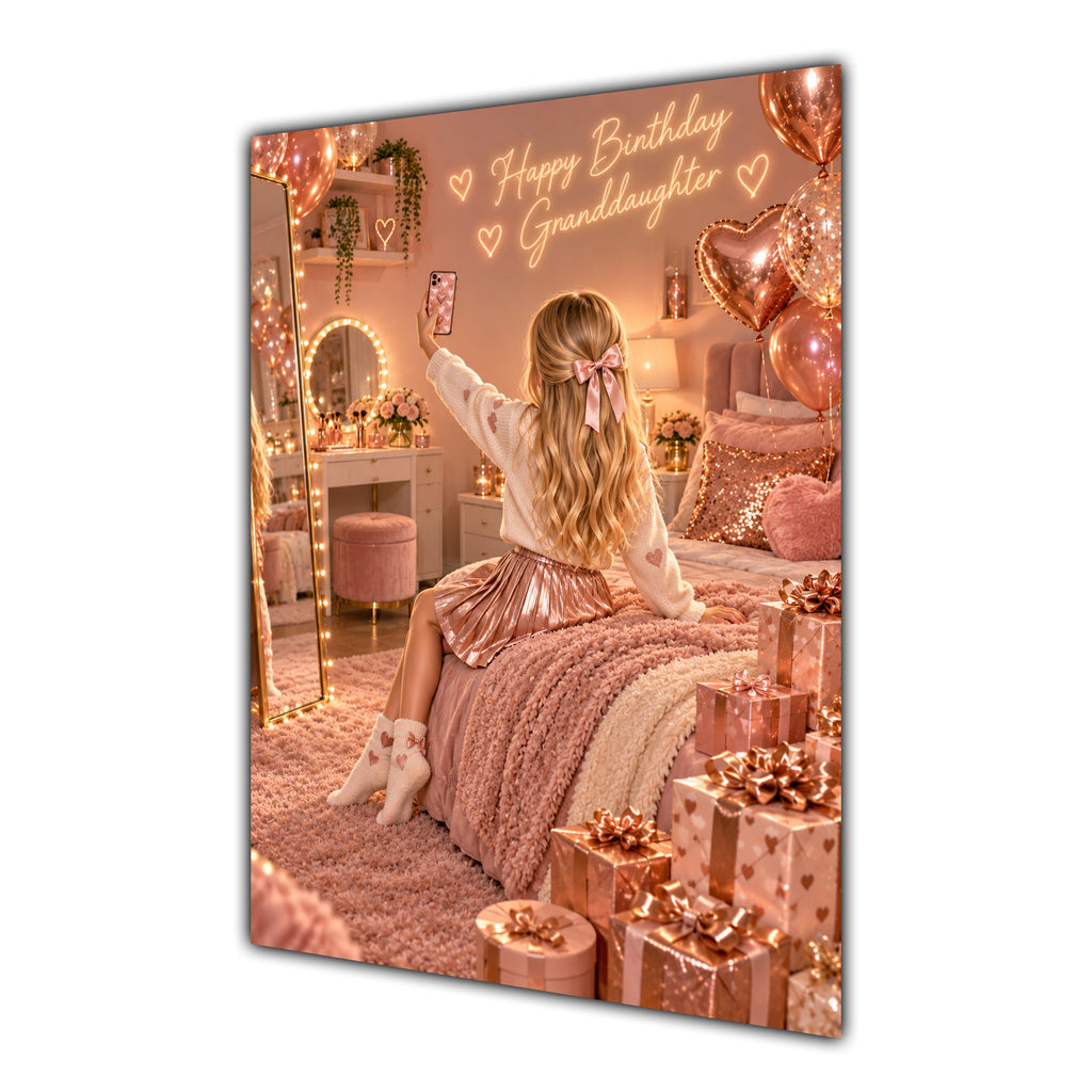 Happy Birthday Granddaughter Blonde Hair Rose Gold Selfie Card A5
