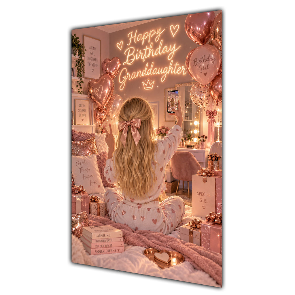 Happy Birthday Granddaughter Blonde Hair Rose Gold Selfie Card A5