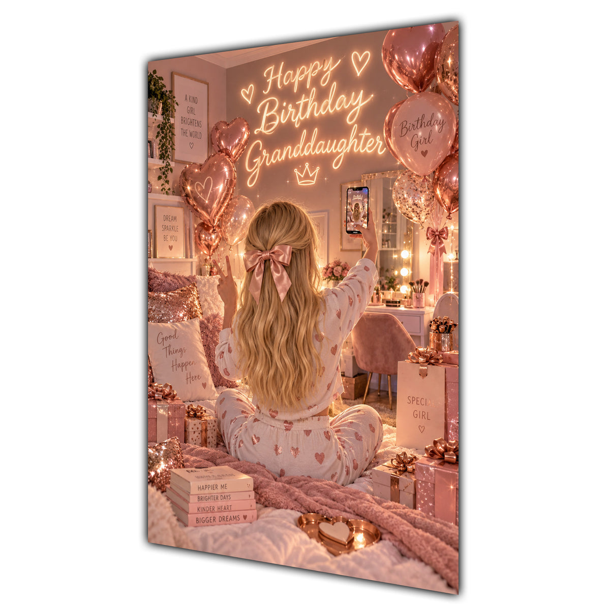 Happy Birthday Granddaughter Blonde Hair Rose Gold Selfie Card A5