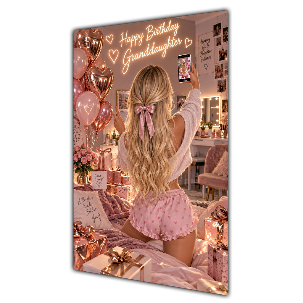 Happy Birthday Granddaughter Blonde Hair Rose Gold Selfie Card A5