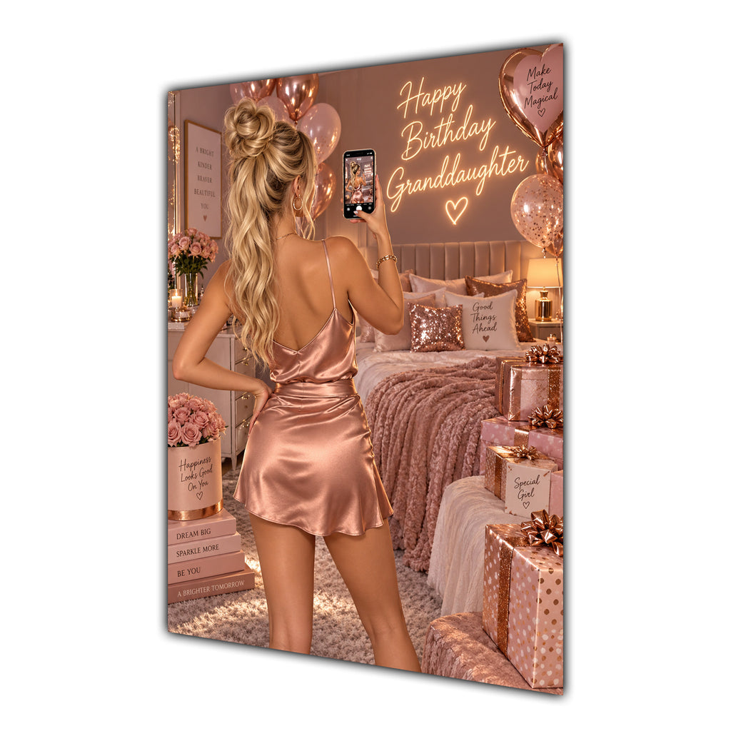 Happy Birthday Granddaughter Blonde Hair Rose Gold Selfie Card A5