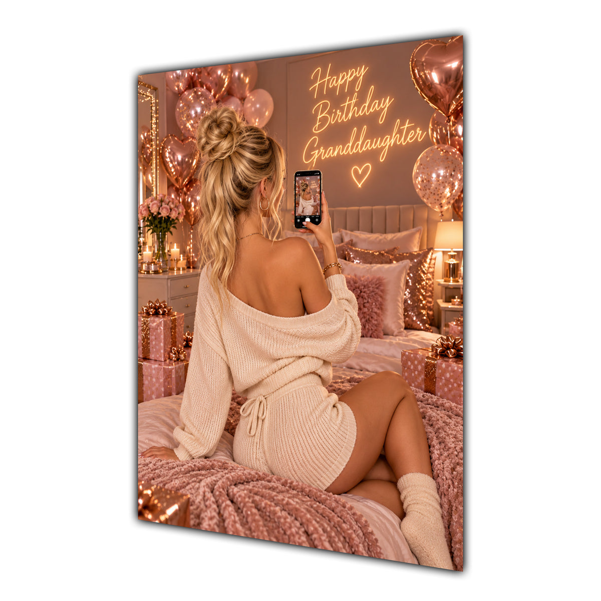 Happy Birthday Granddaughter Blonde Hair Rose Gold Selfie Card A5