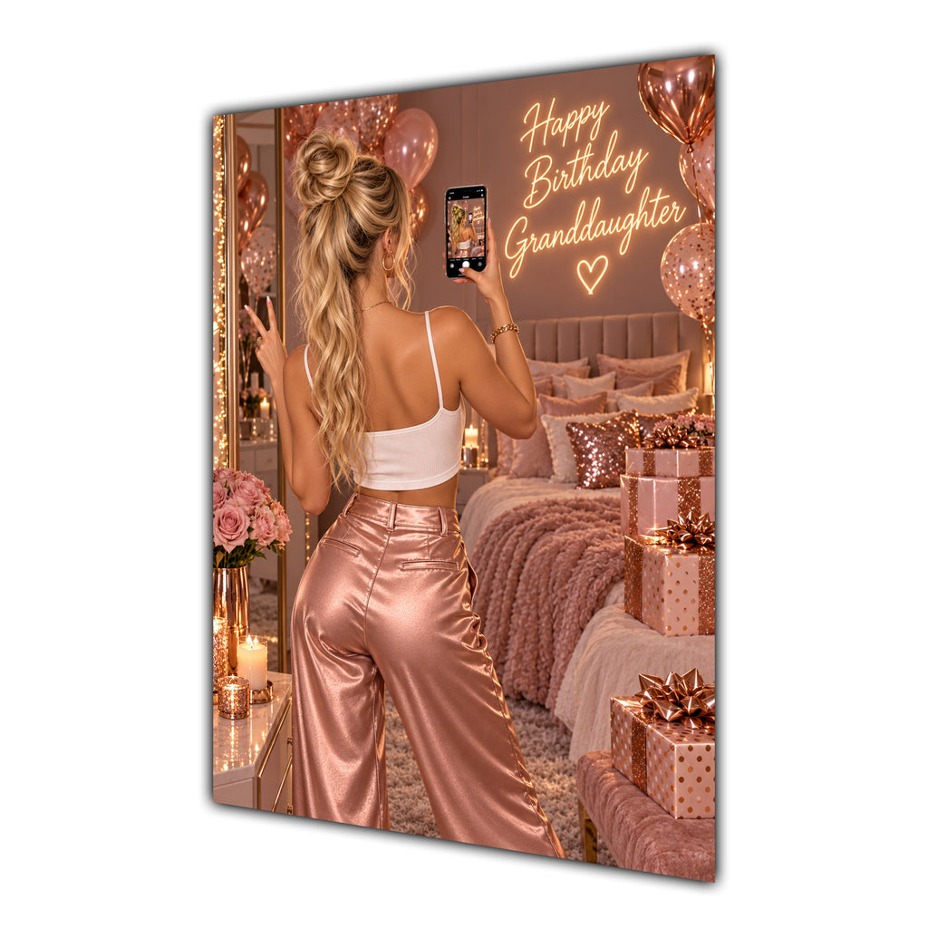 Happy Birthday Granddaughter Blonde Hair Rose Gold Selfie Card A5