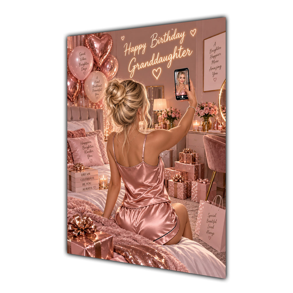 Happy Birthday Granddaughter Blonde Hair Rose Gold Selfie Card A5