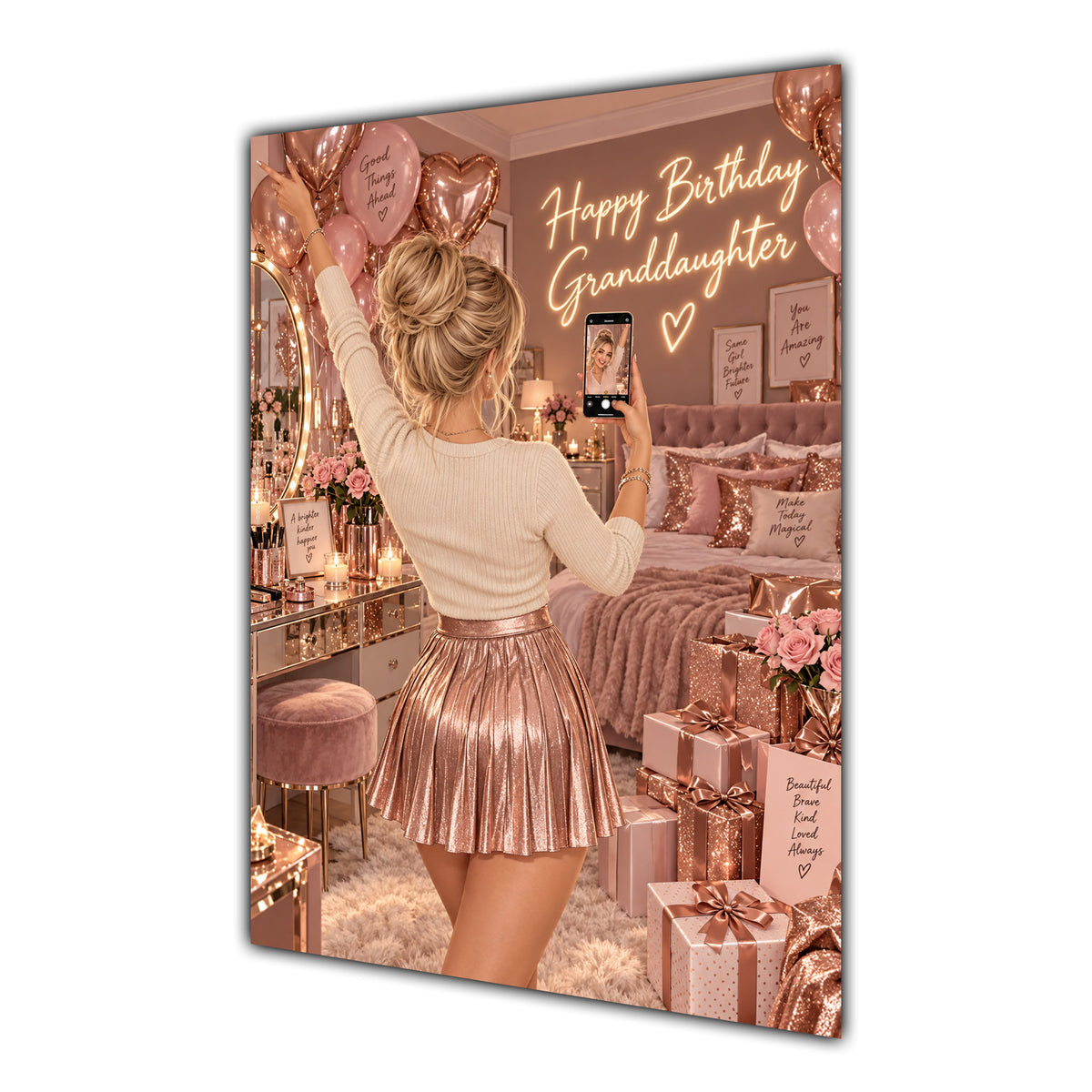Happy Birthday Granddaughter Blonde Hair Rose Gold Selfie Card A5