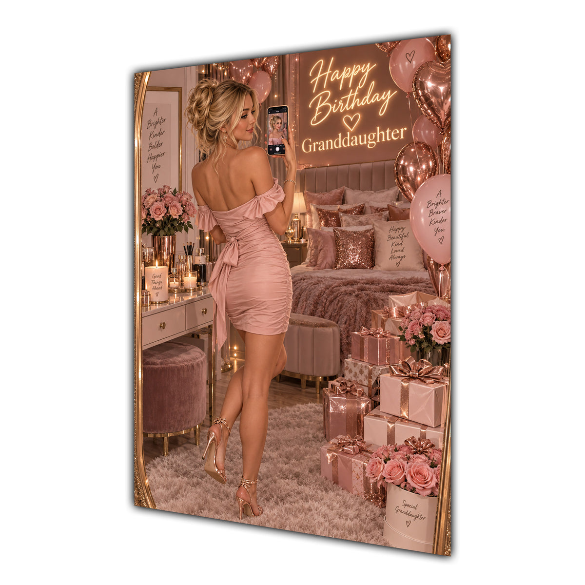 Happy Birthday Granddaughter Blonde Hair Rose Gold Selfie Card A5