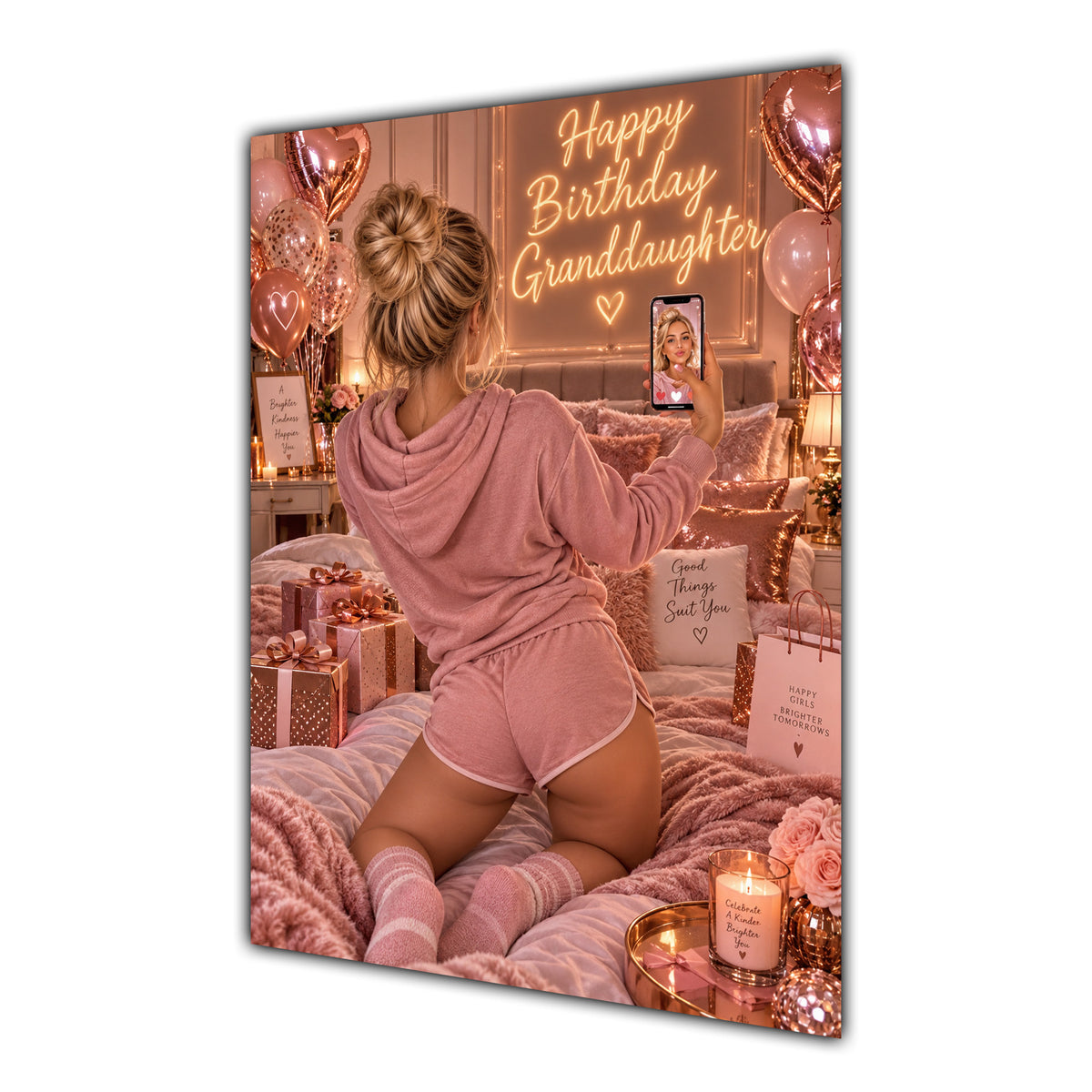 Happy Birthday Granddaughter Blonde Hair Rose Gold Selfie Card A5