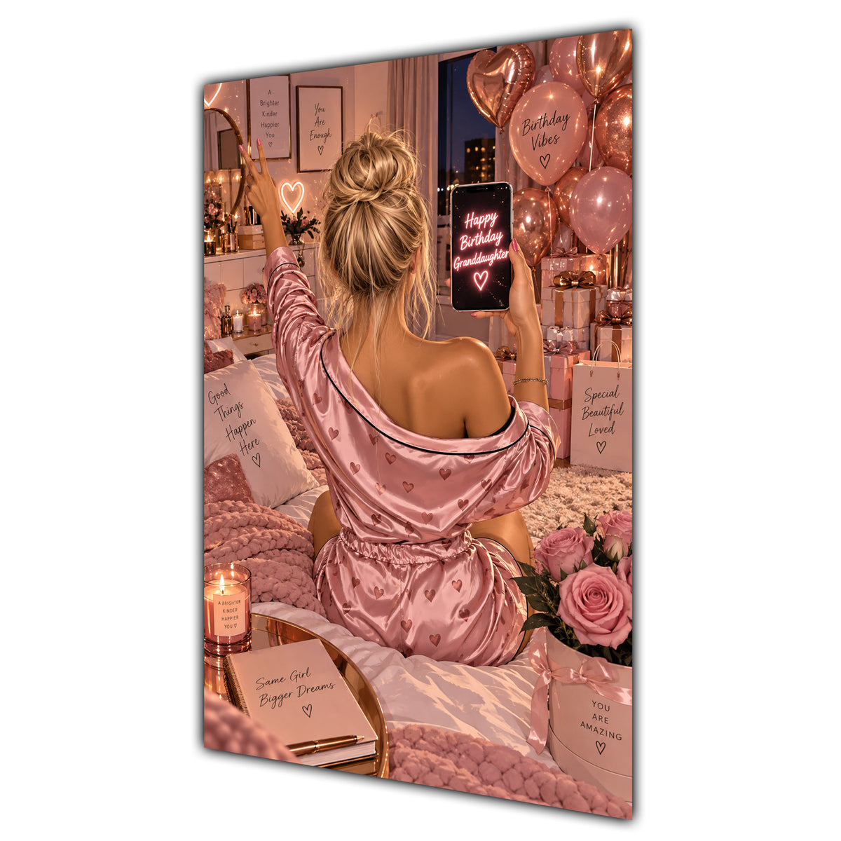 Happy Birthday Granddaughter Blonde Hair Rose Gold Selfie Card A5
