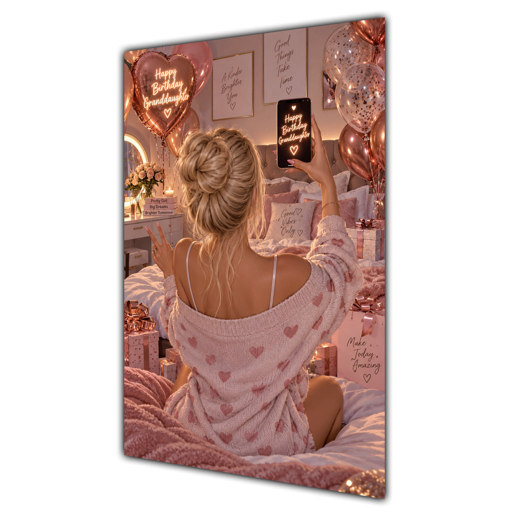 Happy Birthday Granddaughter Blonde Hair Rose Gold Selfie Card A5