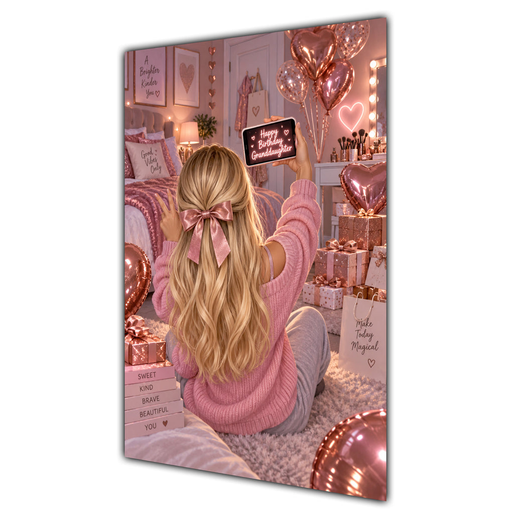 Happy Birthday Granddaughter Blonde Hair Rose Gold Selfie Card A5