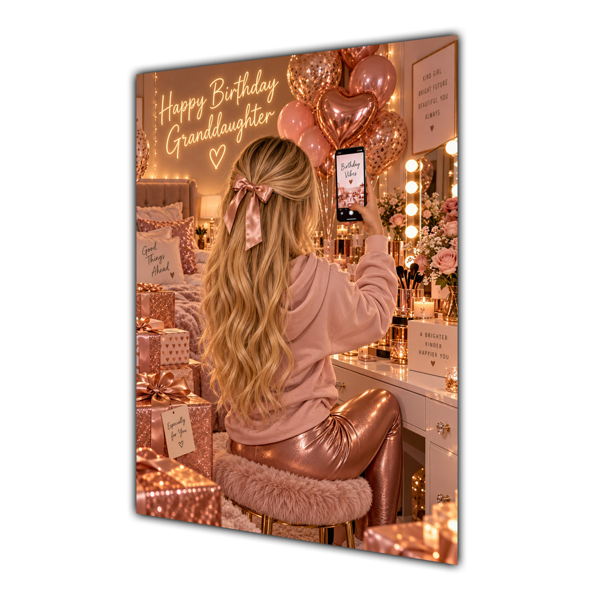 Happy Birthday Granddaughter Blonde Hair Rose Gold Selfie Card A5