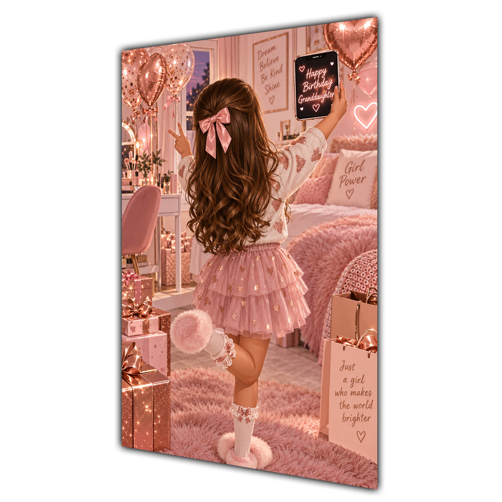 Happy Birthday Granddaughter Brown Hair Rose Gold Selfie Card A5