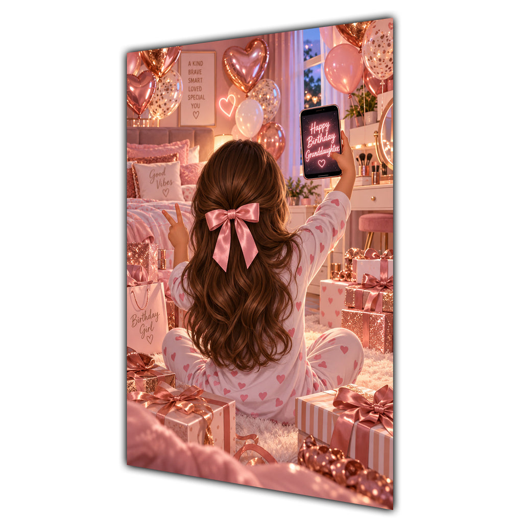 Happy Birthday Granddaughter Brown Hair Rose Gold Selfie Card A5