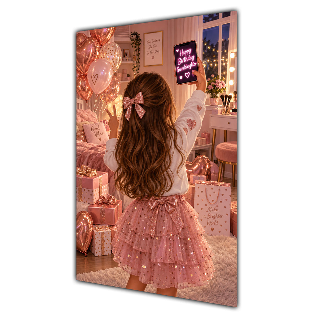 Happy Birthday Granddaughter Brown Hair Rose Gold Selfie Card A5