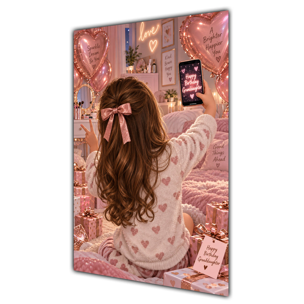 Happy Birthday Granddaughter Brown Hair Rose Gold Selfie Card A5
