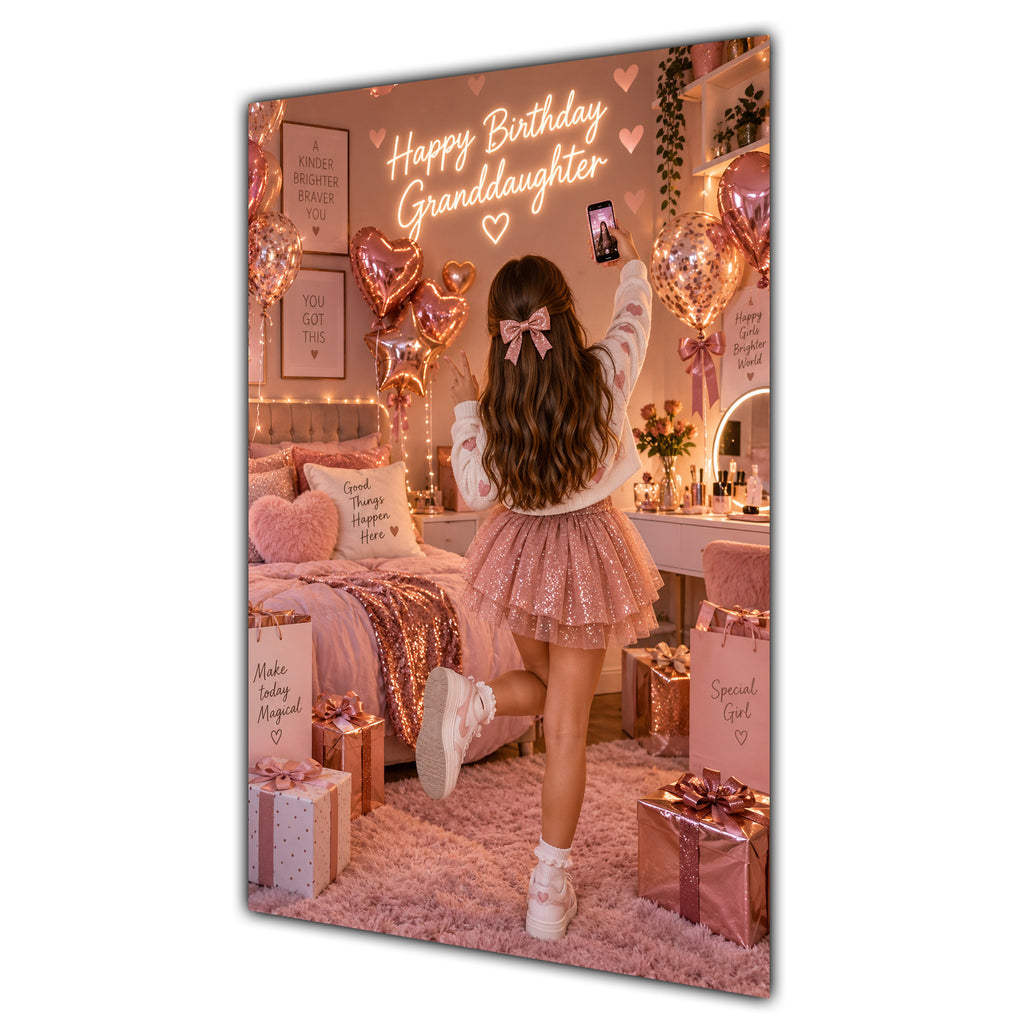 Happy Birthday Granddaughter Brown Hair Rose Gold Selfie Card A5