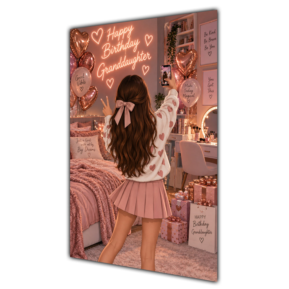 Happy Birthday Granddaughter Brown Hair Rose Gold Selfie Card A5