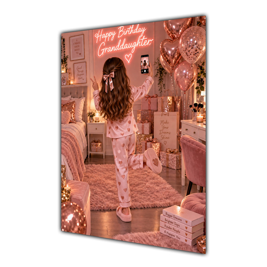 Happy Birthday Granddaughter Brown Hair Rose Gold Selfie Card A5