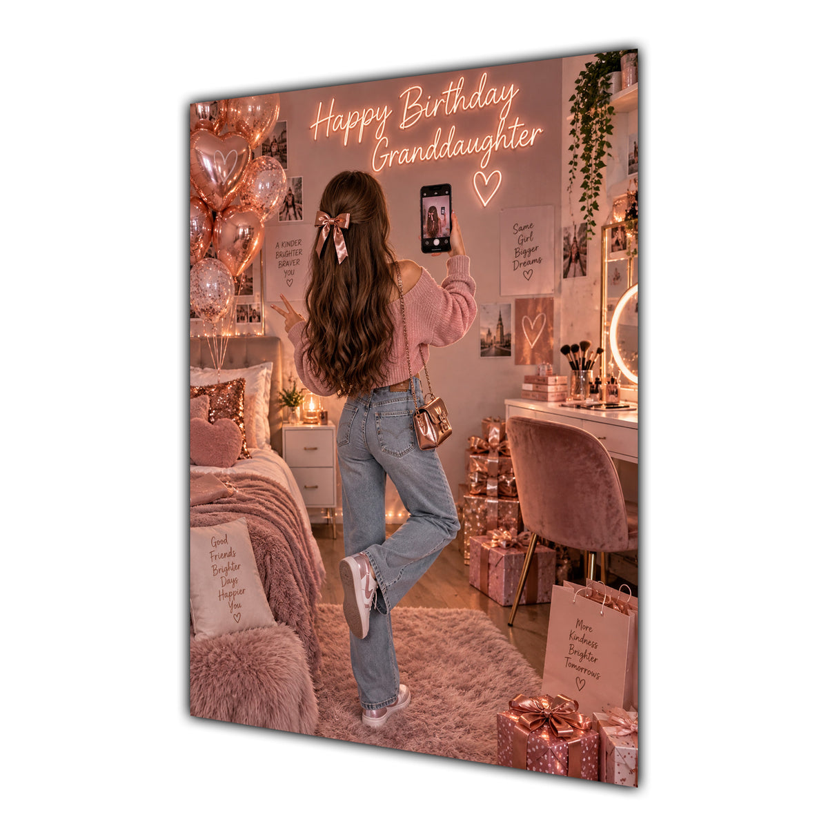 Happy Birthday Granddaughter Brown Hair Rose Gold Selfie Card A5