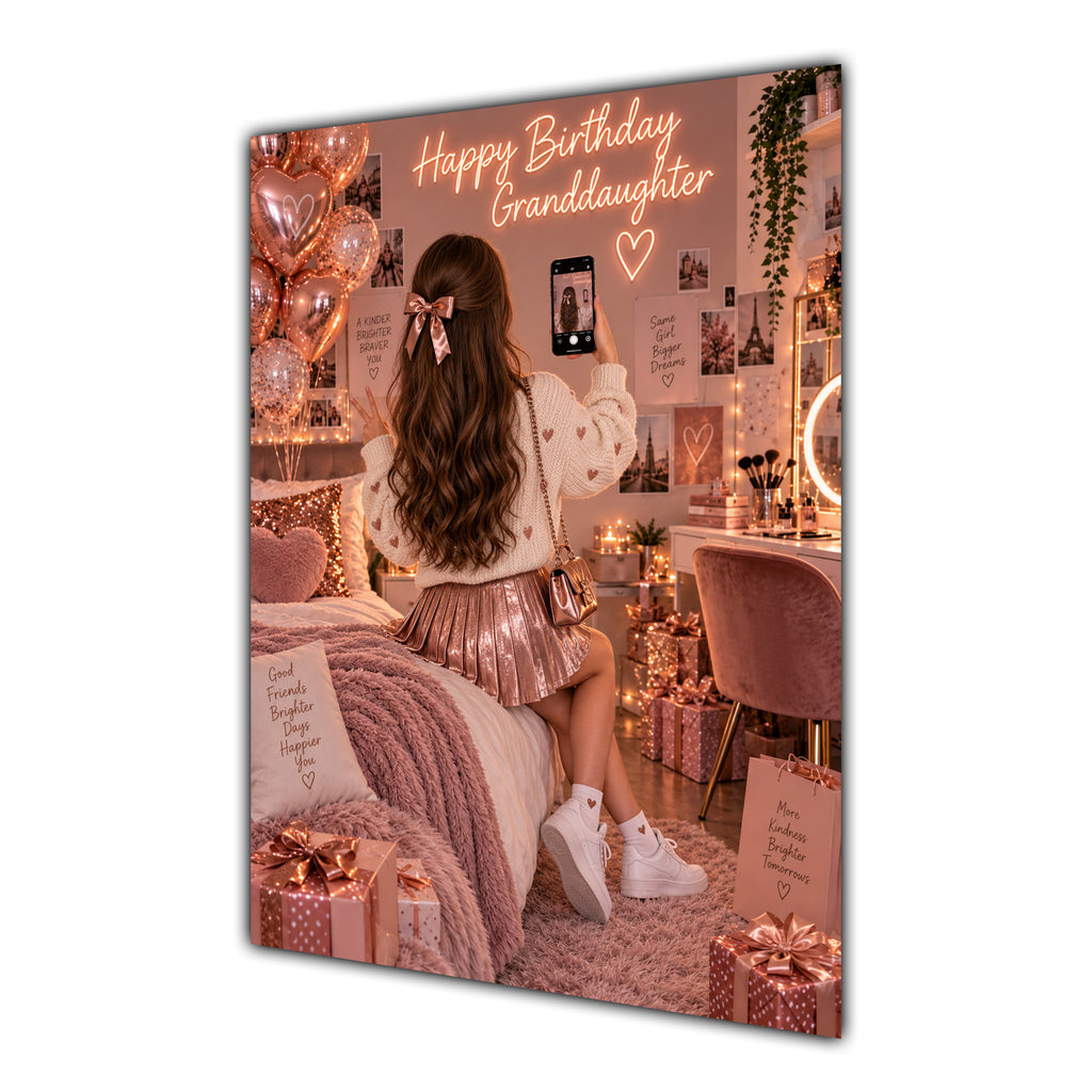 Happy Birthday Granddaughter Brown Hair Rose Gold Selfie Card A5
