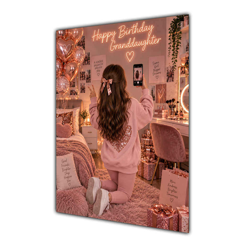 Happy Birthday Granddaughter Brown Hair Rose Gold Selfie Card A5