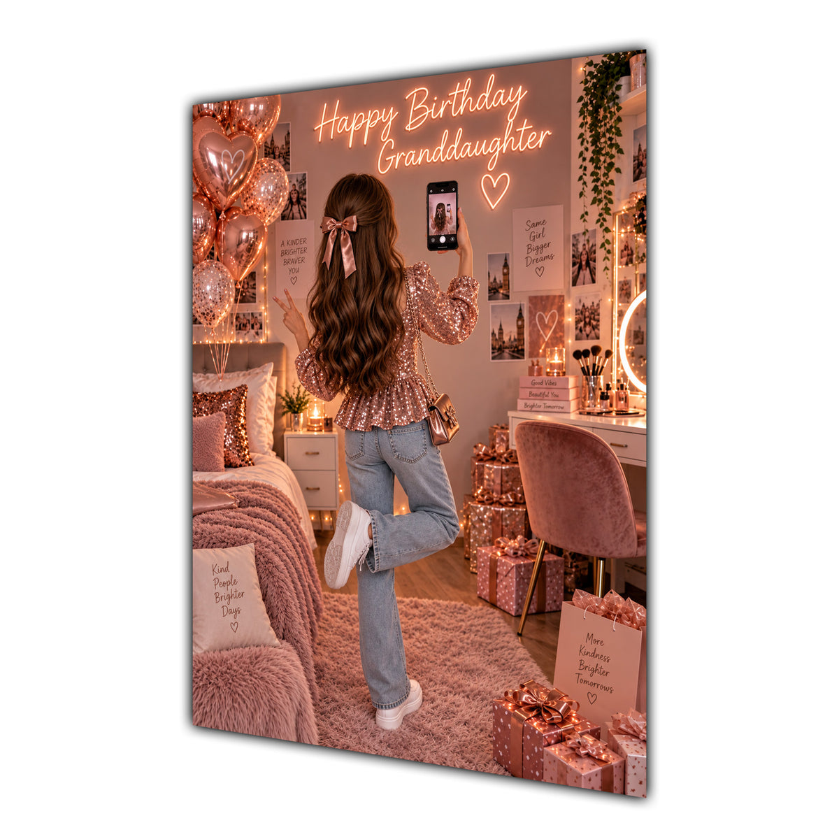 Happy Birthday Granddaughter Brown Hair Rose Gold Selfie Card A5