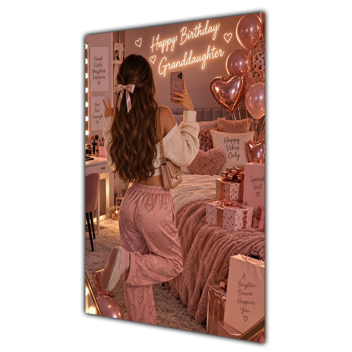 Happy Birthday Granddaughter Brown Hair Rose Gold Selfie Card A5