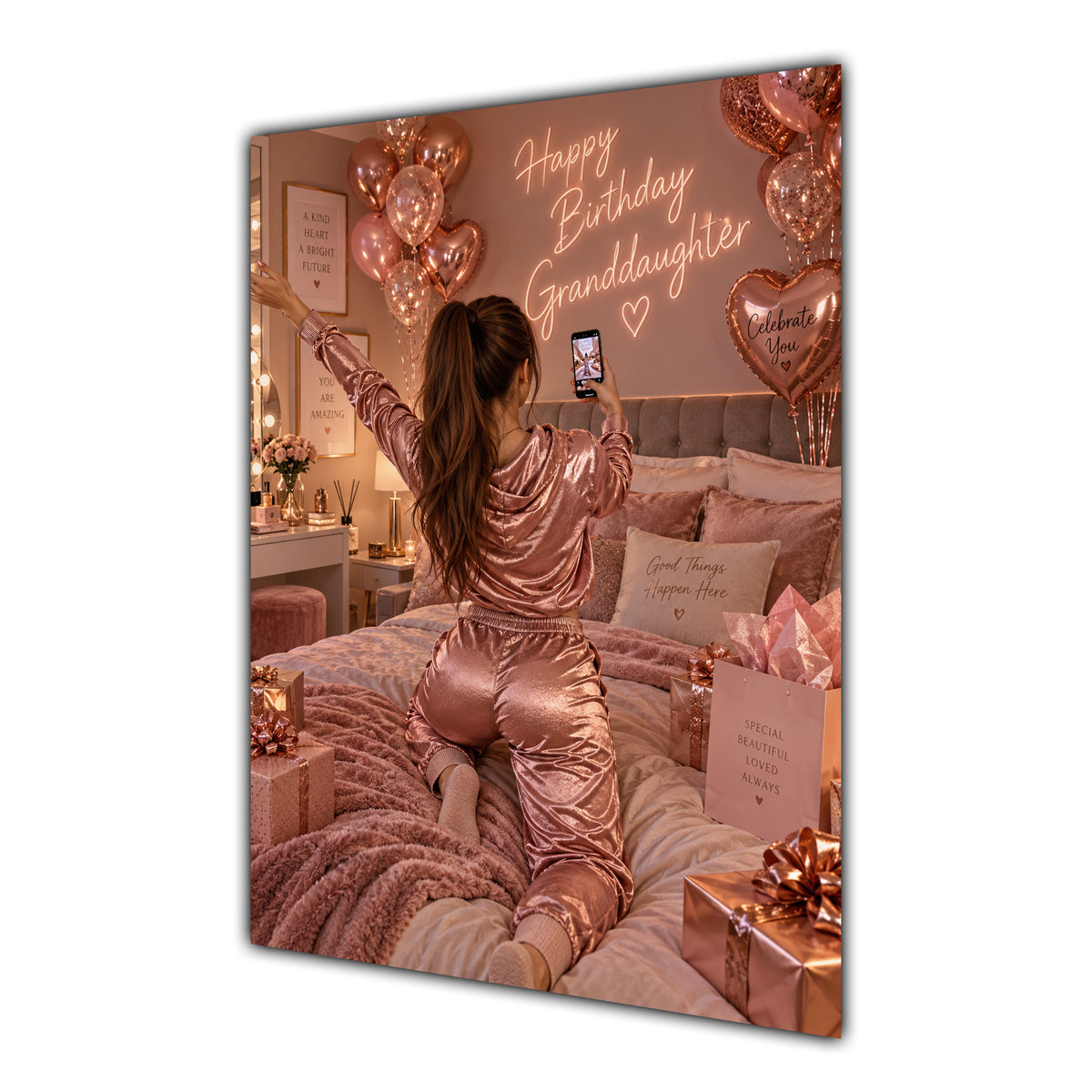 Happy Birthday Granddaughter Brown Hair Rose Gold Selfie Card A5