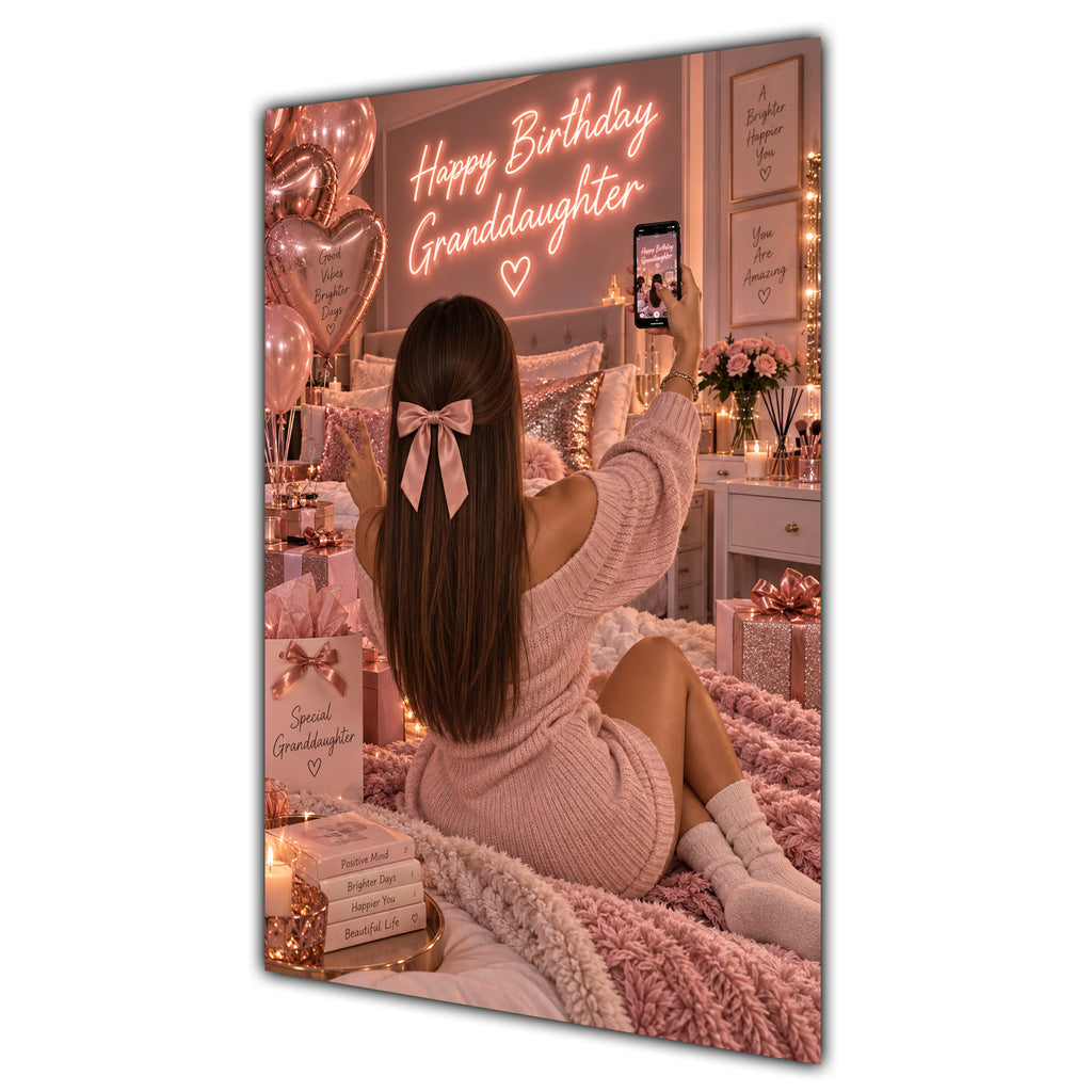 Happy Birthday Granddaughter Brown Hair Rose Gold Selfie Card A5